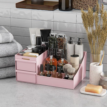 DancesCat Pink&2 Drawers Makeup Organizer Countertop, Vanity Organizer with 7 Compartments and 2 Drawers for Cosmetics, Skincare, Brushes, Perfume, Bathroom Counter Organizer