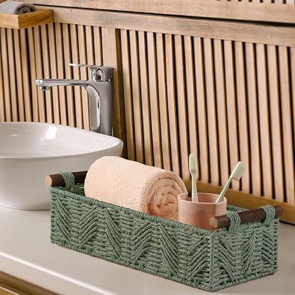 Bathroom Baskets for Organizing with Handle Decorative Basket for Bathroom Countertop Storage Toilet Paper Storage Basket for Toilet Tank Top Small Baskets Set,Green