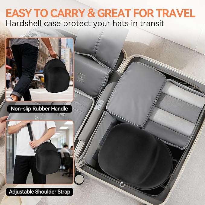 Travel Hat Case for Baseball Caps, Hardshell Hat Case with Carrying Handle and Adjustable Shoulder Strap, Baseball Cap Hat Holder for 6 Hat Capacity,Travel Accessories for Men with Gifted Box