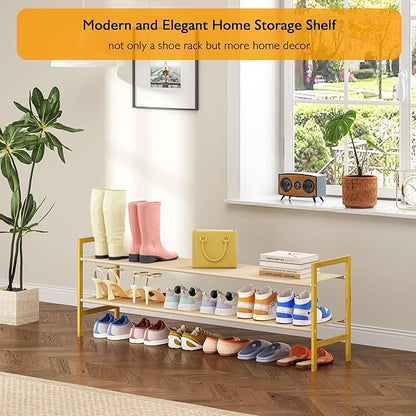 Long Shoe Rack for Closet Floor,2 Tier Wide Shoes Shelf Organizer,15-18 Pairs Bamboo Low Closet Shoe Stand Holders,Modern Sturdy Shoe Storage Rack for Entryway,49” x 11” x 17”