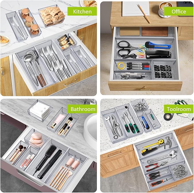 Neudeco Silverware Drawer Organizer,Utensil Organizer for Kitchen Drawer Organizer for Large Utensils with Interlocking Arm, Silverware Storage Cutlery Tray for Knives Fork Spoon (Pack 5, Silver)