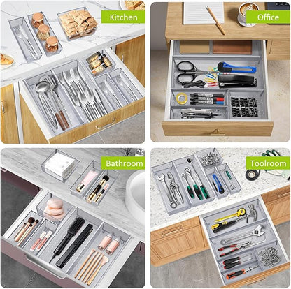 Neudeco Silverware Drawer Organizer,Utensil Organizer for Kitchen Drawer Organizer for Large Utensils with Interlocking Arm, Silverware Storage Cutlery Tray for Knives Fork Spoon (Pack 5, Silver)