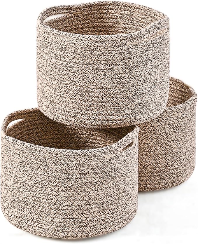 ICERZCZ Small Storage Baskets for Organizing, Organizer Baskets for Shelves, Small Woven Basket for Storage, Cute Cotton Rope Basket for Gifts Empty, 9.7"×9.7"×7" (3 Packs) Brown