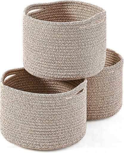 ICERZCZ Small Storage Baskets for Organizing, Organizer Baskets for Shelves, Small Woven Basket for Storage, Cute Cotton Rope Basket for Gifts Empty, 9.7"×9.7"×7" (3 Packs) Brown