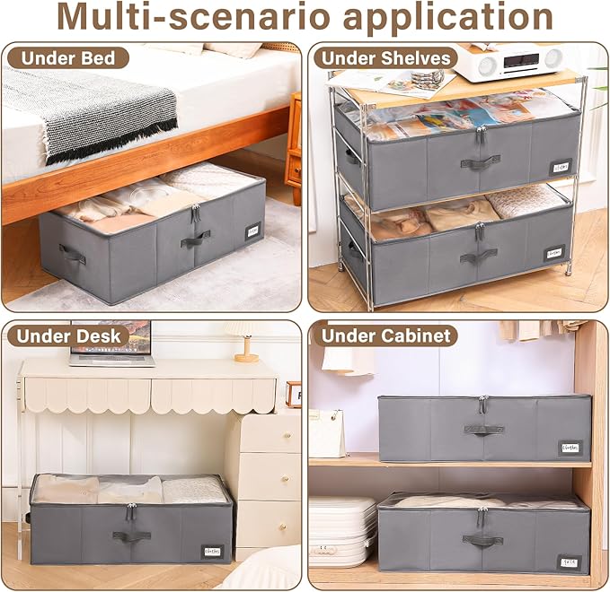 Freebat 10" High Under Bed Storage Containers, Underbed Container with Clear Lid Cover & Label Holder, Storage Bag Box with Visiable Window for Clothes, Bedsheet, Pillow, 2 Pack(Gray)