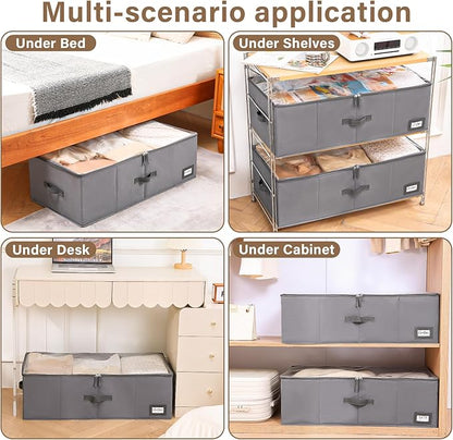 Freebat 10" High Under Bed Storage Containers, Underbed Container with Clear Lid Cover & Label Holder, Storage Bag Box with Visiable Window for Clothes, Bedsheet, Pillow, 2 Pack(Gray)