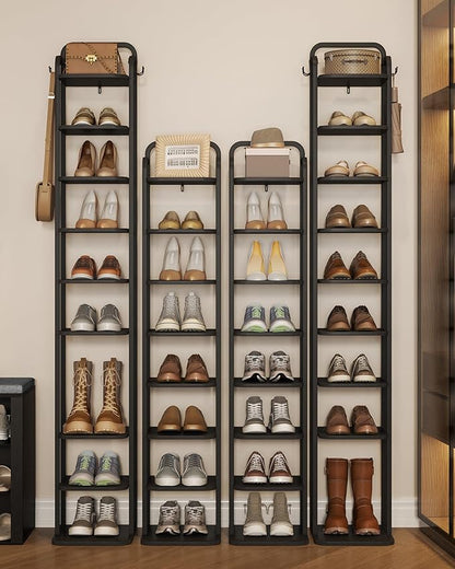 Hzuaneri Vertical Shoe Rack, Shoe Shelves, Wood Shoe Organizer for Closet, Entryway, Shoe Tower for Small Spaces, Free Standing, Adjustable, with 2 Hooks, 10 Tier Black SR11204B