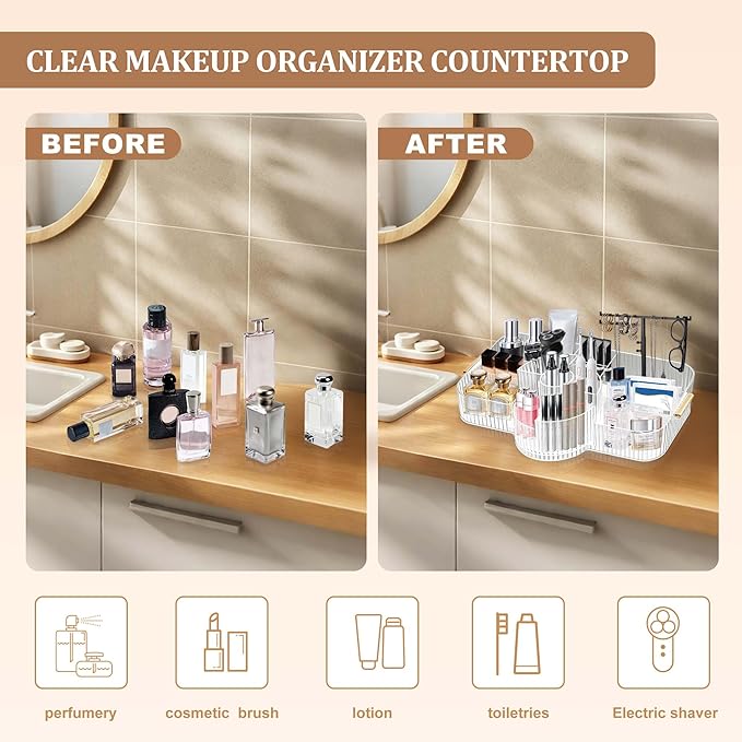 Spinning Makeup Organizer Countertop for Vanity,Dresser Organizer with Rotating Brush Holder,Beauty Storage Holder,Skincare Organizer,Perfume Organizer,Bathroom Counter Organizer