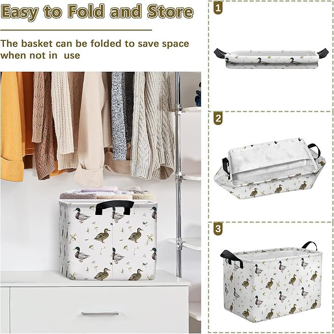 Mallard Duck Storage Basket, Collapsible Waterproof Canvas Organizer Bin, Funny Rectangular Kids Toys Storage Box Cute Mallard Duck Decor, Shelf Baskets for Closet Bedroom Office Dorm (Brown)