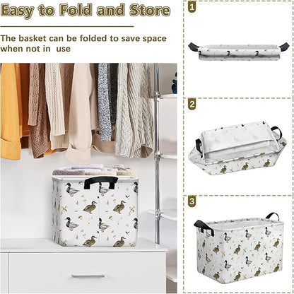 Mallard Duck Storage Basket, Collapsible Waterproof Canvas Organizer Bin, Funny Rectangular Kids Toys Storage Box Cute Mallard Duck Decor, Shelf Baskets for Closet Bedroom Office Dorm (Brown)