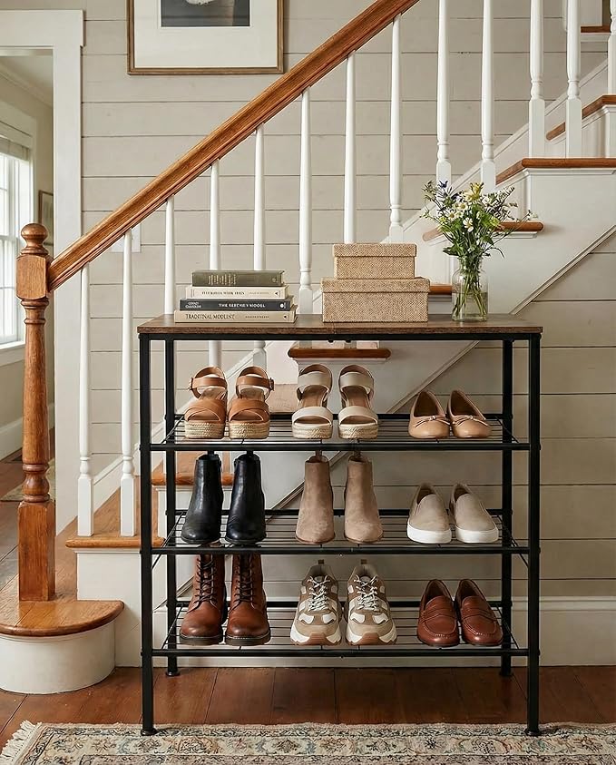 4-Tier Shoe Rack for Entryway, Bedroom & Living Room – Sturdy Shoe Storage Organizer with Adjustable Leveling Feet, Compact Design (26.9”x11.8”x25.1”), Rustic Brown