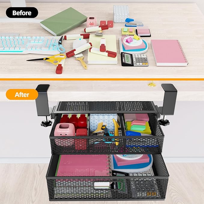 Under Desk Drawer Organizer No Drilling 2 Slide Out Drawer Under Desk Storage Drawer Clamp On Under Desk Management Drawer Organizer Suitable for Home and Office