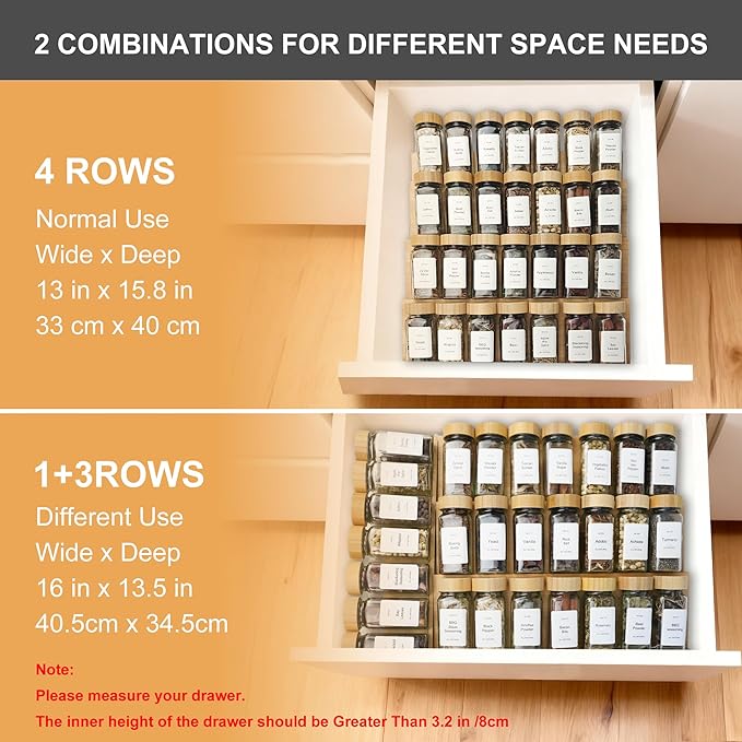 Spice Drawer Organizer with 28 Bamboo-lidded Spice Jars and 216 Labels,Non-slip Rubber, Bamboo 4 Tier Spice Racks Tray Seasoning Containers for Kitchen Drawers,Cabinets,13" Wide * 15.8" Deep