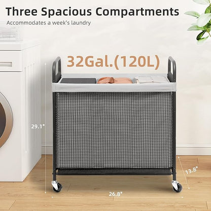 STORAGE MANIAC Rolling Laundry Hamper with Wheels 3-Section Laundry Sorter Rolling Laundrys Basket on Wheels with Removable Bag Clothes Hamper Laundrys Organizer Cart Bathroom Bedroom 120L Grey