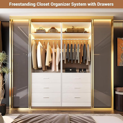 Besiost Freestanding 2FT Closet System with 3 Wood Drawers, 24" Closet Organizer System with Hanging Rod & Shelves, Walk-in Closet Systems for Small Closets, White (24"L x 15" W x 80" H)