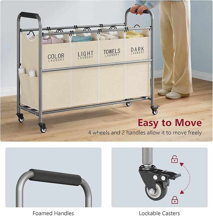 Tajsoon 4 Bag Laundry Sorter Cart, 4 Section Laundry Hamper Sorter with Heavy Duty Lockable Rolling Wheels, Laundry Separator Hamper with Removable Bags for Dirty Clothes Storage, Beige