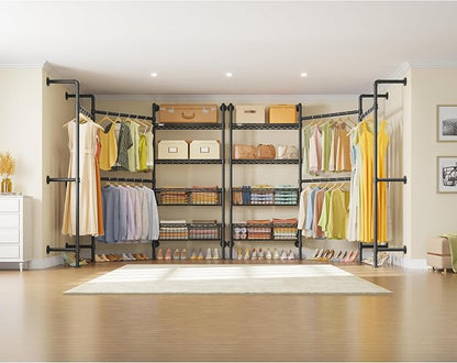 Timate X3 Expandable Heavy Duty Clothes Rack Wall Mounted Clothing Rack for Hanging Clothes, Industrial Pipe Closet System for Walk in Closet Kit Wall Mount Clothes Rack with Basket, Black Wall Closet