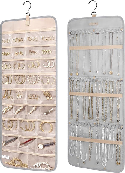 BAGSMART Hanging Jewelry Organizer Storage Roll with Hanger Metal Hooks Double-Sided Jewelry Holder for Earrings, Necklaces, Rings on Closet, Wall, Door, 1 piece, Large, Grey