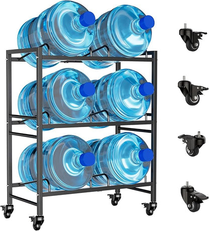 Heavy Duty 3 Tiers Water Rack Double Row with 4 Wheels - Space Saving Dispenser Stand 5 Gallon Water Storage Rack Bottle Jug Holder Organizer/Lockable&Removable Casters/Kitchen Office Garage/6 Slots