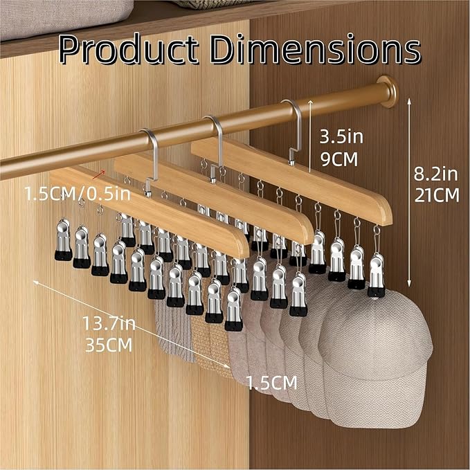 Closet Organizer with 10 Clips, Space Saving Hanging Closet Organizer, Space-Saving Hat Scarf Clothespins for Jeans Skirts Socks Pant Hangers (Brown-10 Clips, 2PCS)