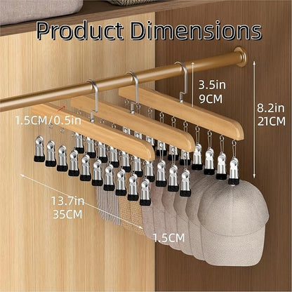 Closet Organizer with 10 Clips, Space Saving Hanging Closet Organizer, Space-Saving Hat Scarf Clothespins for Jeans Skirts Socks Pant Hangers (Wood-10 Clips, 2PCS)