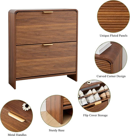 RARZOE Fluted Shoe Cabinet with 2 Flip Drawers, Narrow Curved Shoe Storage Cabinet for Entryway, Freestanding Wood Hidden Shoe Organizer Closed Shoe Rack Cabinet for Foyer, Hallway (29.5''Walnut)