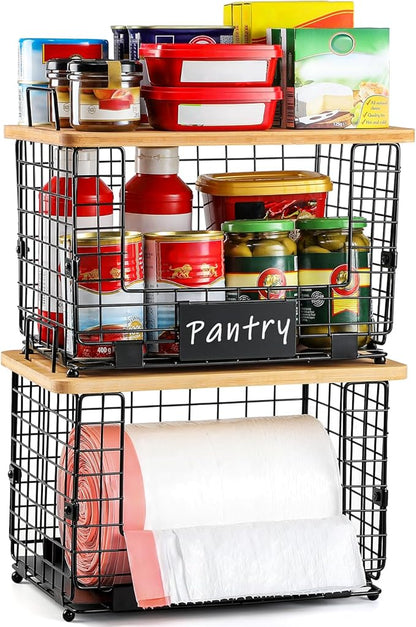 1 Pack Stackable Storage Trash Bag Baskets with Bamboo Top, Large & Standard Trash, Garbage Bag Holder Dispenser, Multiuse Basket for Kitchen Pantry Cabinet Counter Under Sink Laundry Organizing