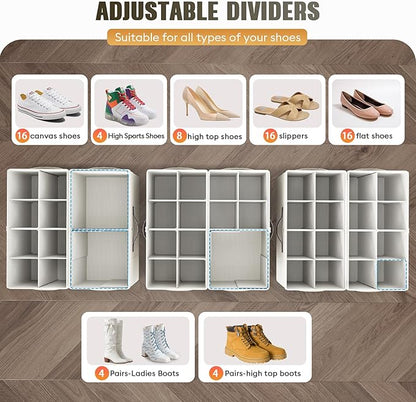 Budding Joy 2 Pack Shoe Organizer for Closet, Clear Foldable Shoe Storage Containers Adjustable Dividers Fits 16 Pairs,Shoe Storage Bins Baskets Boxes with Reinforced Handles Beige