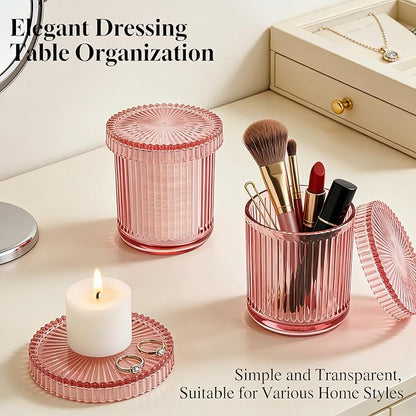 2 Pack Glass Qtip Holder Dispenser Set - Bathroom Organizer for Cotton Swabs, Balls, Pads, Floss Picks - Clear Apothecary Jars for Vanity, Makeup Storage, Bathroom Accessories Decor (Pink)