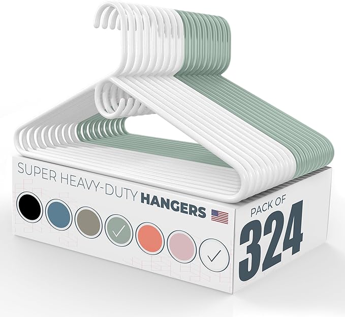 Super Heavy Duty Clothes Hangers 100+ Pack (324 Count) – Made in the USA - 10lb Capacity, Thick Plastic Hangers for Pants, Coats, Jackets, Jeans and Adult Clothing – White & Mint