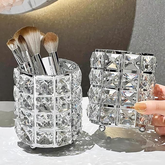 Silver Crystal Makeup Brushes Holder Organizer for Cosmetics Comb Brushes, Eyebrow Pen Pencil Storage Case Container, Silver