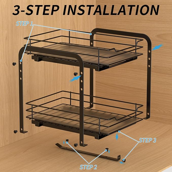 BOIVSHI 2-Tier Spice Rack, Pull Out Cabinet Organizer Spice Racks Height Adjustable Heavy Duty Metal Basket for Inside Cabinets & Pantry Closet(9.5''Wx10.5''Dx9.5''H)
