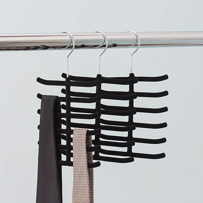 3-Pack Non-Slip Velvet Tie Hanger Organizer Rack by Home Basics | 360° Rotatable Hook | Holds 12 Ties Each | Versatile for Belts and Scarves | Slim Design
