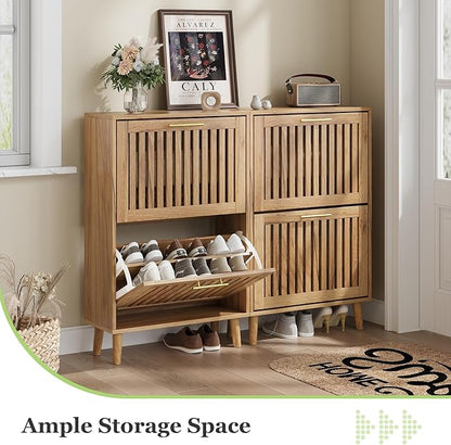 Shoe Storage Cabinet with Louvered 2 Flip Drawers, Narrow Shoe Cabinet Storage for Entryway, Freestanding Shoe Organizer Cabinet with Golden Handles, Slim Shoe Rack Cabinet 23.5in (Natural Wood)