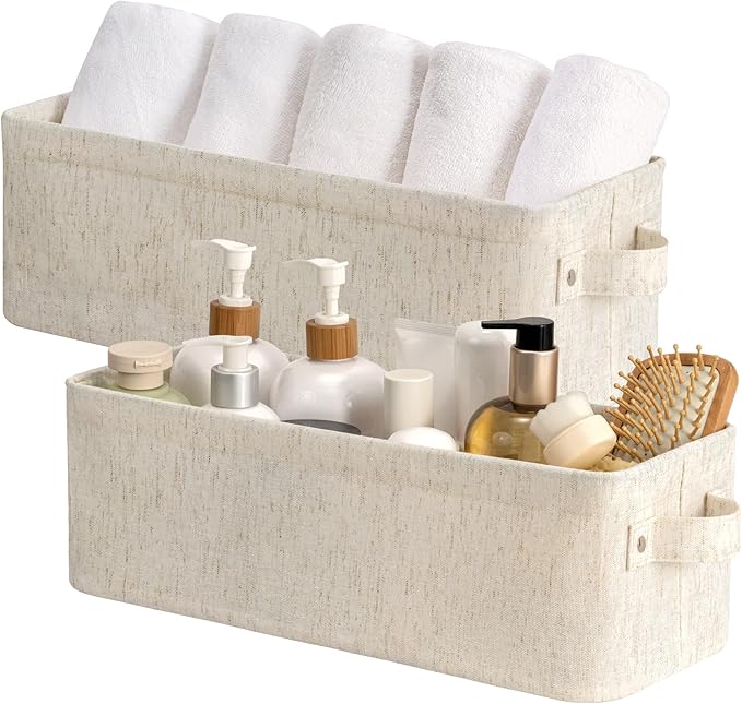 StorageWorks Narrow Storage Bins, Small Basket for Closet and Shelves, Fabric Closet Organizer Storage Bins with Handles, Toilet Paper Storage Baskets, Beige, Cotton Linen, 2-Pack