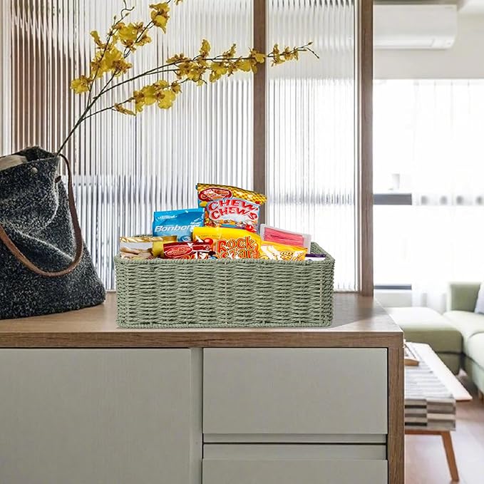 Drawer basket Handwoven Paper Rope Rectangular Shallow Basket Storage-15.35X12.01X4.72 Inches (Green)