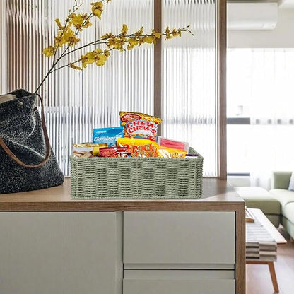 Drawer basket Handwoven Paper Rope Rectangular Shallow Basket Storage-15.35X12.01X4.72 Inches (Green)
