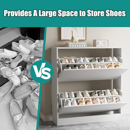 Xixini Shoe Storage Cabinet for Entryway with 2 Flip Drawers, Wood Freestanding Hidden Shoe Storage, Narrow Slim Sturdy Shoe Organizer for Front Door Entrance, Living Room, Hallway, Bedroom, White