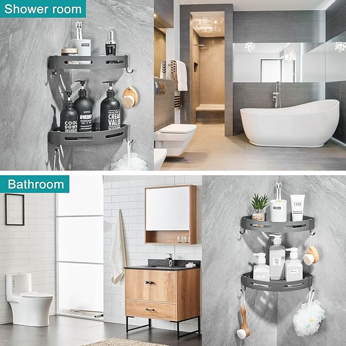 2-Tier Corner Shower Shelf No Drilling Bathroom Shelves Shower Caddies Adhesive Bath Corner Shelf Wall Mounted Bathroom Shower Caddy Organizer - Dark Grey