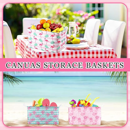 Geelin 3 Pcs Flamingo Baskets Summer Storage Basket for Gifts Collapsible Waterproof Canvas Cute Storage Bin Organizer with Handles for Book Closet Shelf Nursery Decor