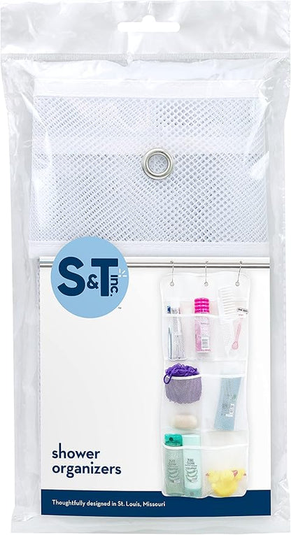 S&T INC. Shower Organizer, Shower Caddy or Bathroom Organizer with Quick Drying Mesh, 7 Pockets to Hold Shampoo, Soap, Loofah, and Cruise Ship Essentials, 14 Inch by 30 Inch, White, 2 Pack