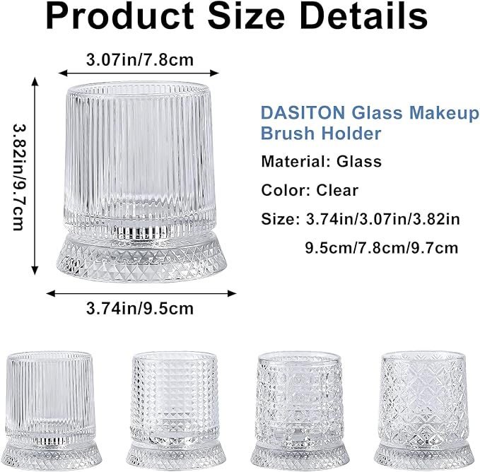DASITON Makeup Brush Holder Organizer, Crystal Cosmetic Brushes Storage Holder Glass Makeup Organizer, 360° Rotating Make Up Brush Cup for Vanity, Dresser, Bathroom, Pen Pencil Holder for Desk (Clear)