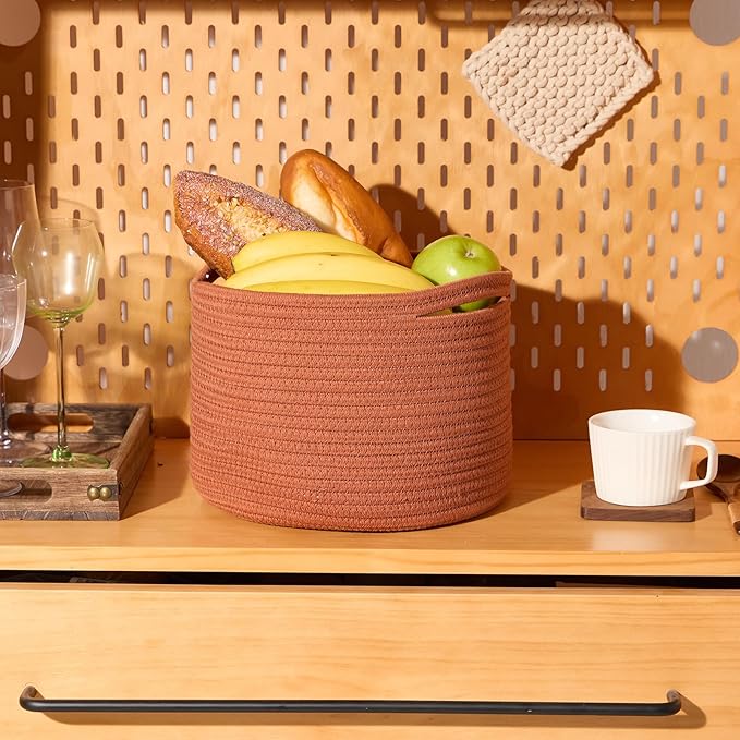 MiniArk Small Basket for Organizing | Cube Shelf Closet Storage Baskets | 9.7×9.7×7.1” | Woven Rope Gift Basket | Nursery | Round 3 Packs Oxide Red