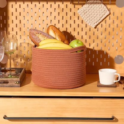 MiniArk Small Basket for Organizing | Cube Shelf Closet Storage Baskets | 9.7×9.7×7.1” | Woven Rope Gift Basket | Nursery | Round 3 Packs Oxide Red