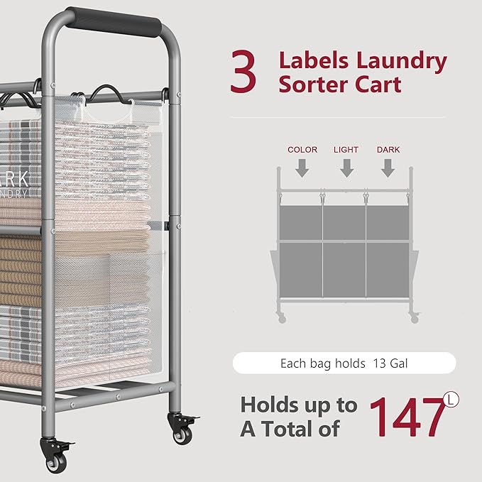 Tajsoon 3 Bag Laundry Sorter Cart, Laundry Hamper Sorter Basket with Heavy Duty Lockable Rolling Wheels for Clothes Storage, Grey & White