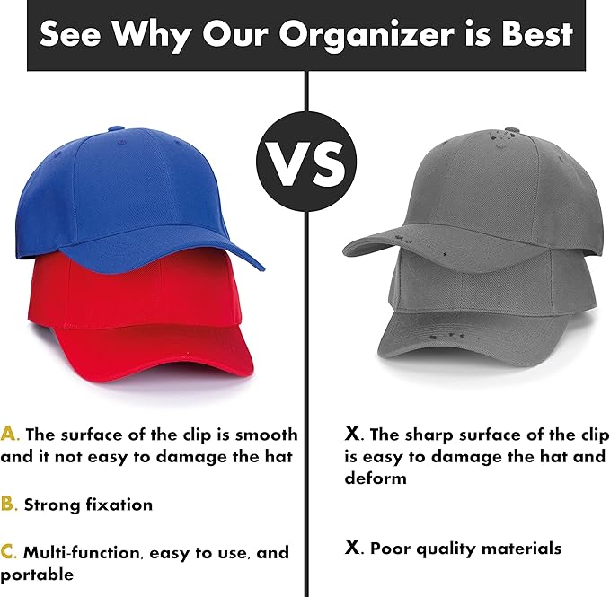 LASOSA Hat Organizer for Closet, Set of 2 - Space-Saving Cap Rack for Baseball Hats, Beanies, Scarves and More - Portable, Adjustable and Easy to Install - Premium Quality, Durable Design (Black)