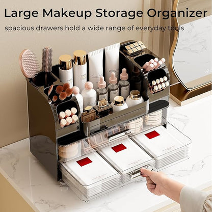Makeup Organizer for Vanity with 2 Large Drawers, Cosmetic Display Case with Brush Holders, Easy to Storage for Bathroom Countertop Skincare, Perfume, Black