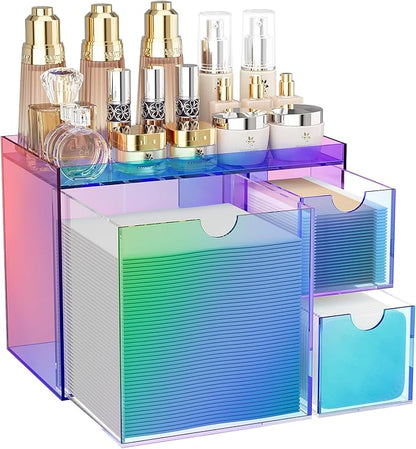 Youdepot Acrylic Face Towel Holder with Drawer – 4-Layer Disposable Face Towel Holder Organizer Box – Bathroom Countertop Storage for Cotton Pads, Swabs, and Skincare (Rainbow)