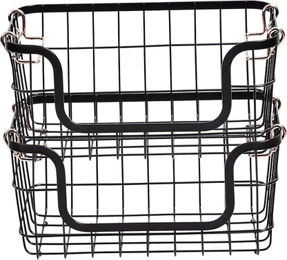 Amazon Basics Stackable Metal Wire Rectangular Storage Baskets for Kitchen, Bathroom or Pantry Organizing, 2 Count, Black