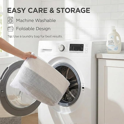 JMvicyroam 115L Extra Large Blanket Basket for Living Room - Woven Cotton Rope Laundry Hamper with Reinforced Handles - Storage Bin for Pillows, Comforters & Toys - Machine Washable,White&Grey
